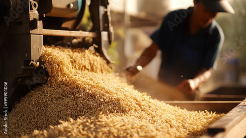 Wallpaper Mural Harvesting rice involves machine that efficiently removes husk from grains, showcasing process of rice production. scene captures essence of agricultural work and beauty of nature Torontodigital.ca