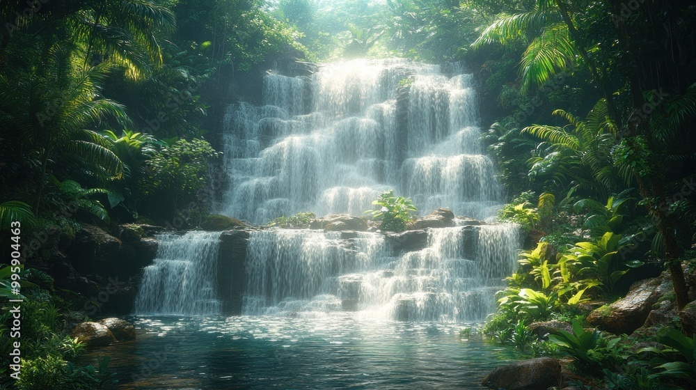 Serene waterfall cascading through lush tropical vegetation. Serene waterfall cascading through lush tropical vegetation.