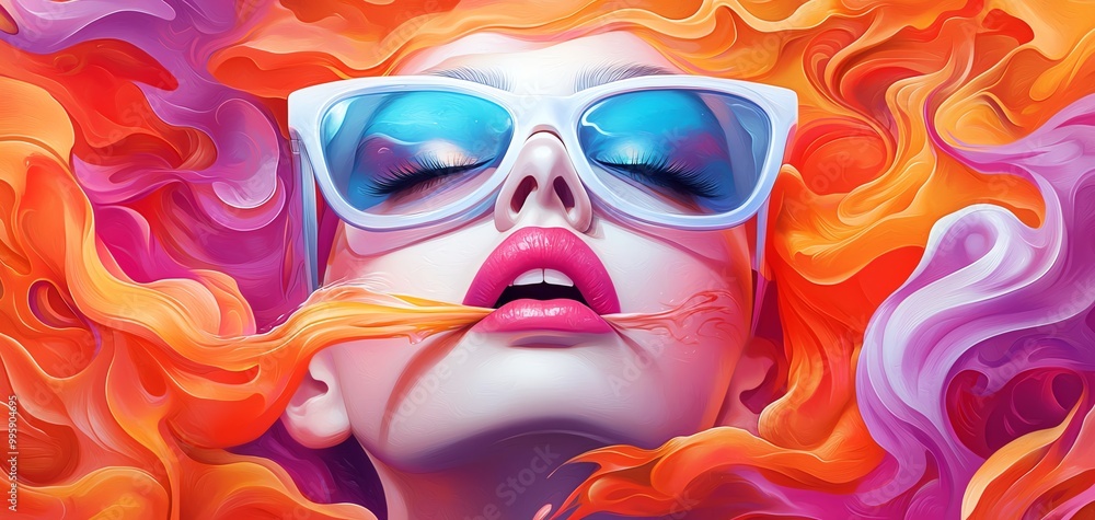Fototapeta premium Surreal portrait of woman with vibrant hair and sunglasses, blending bold colors for a dreamy and artistic effect.