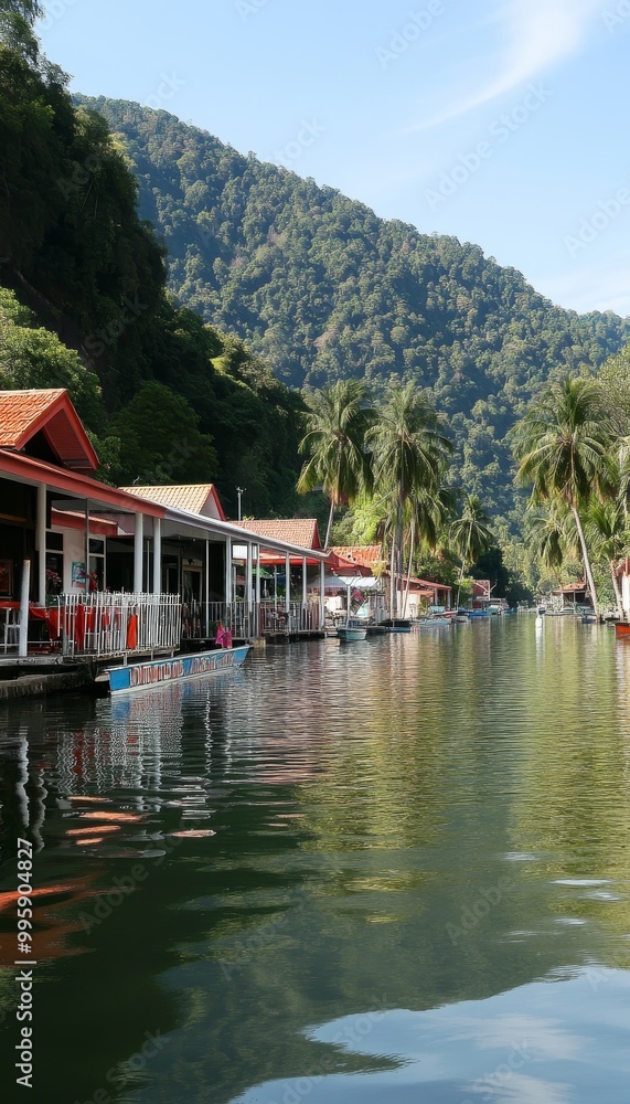 Fototapeta premium Picturesque Canal Village, Homes Perched on Stilts with Lush Mountains and Tranquil Water