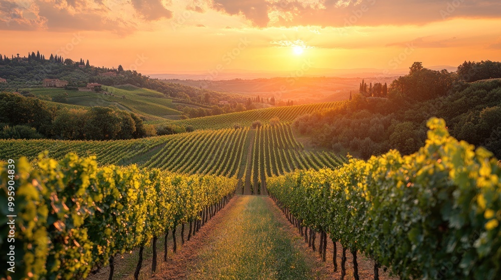 Fototapeta premium Scenic vineyard landscape at sunset with lush green rows.