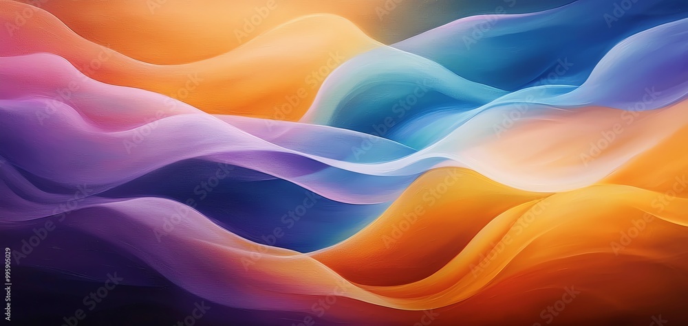 Obraz premium Vibrant abstract background with flowing colorful waves, blending orange, blue, and purple hues in a mesmerizing visual pattern.