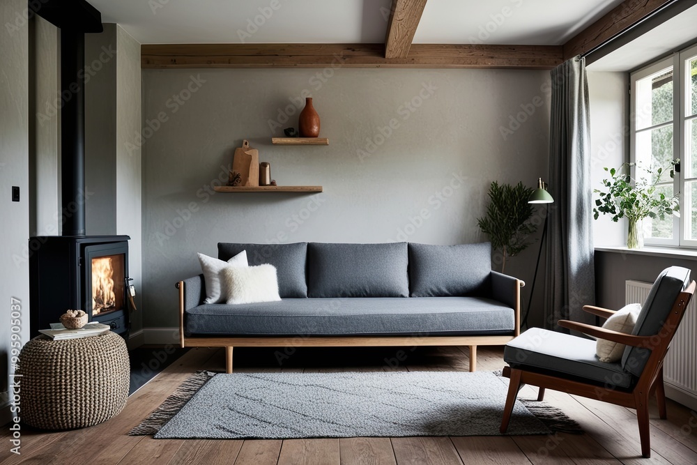 Fototapeta premium Scandinavian Living Room Design Featuring Grey Daybed Sofa and Cozy Fireplace