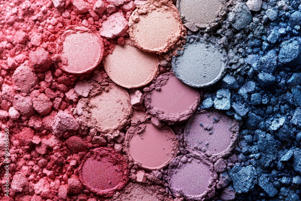 Crushed pink and beige eyeshadow pigments scattered across a textured surface showcasing vibrant tones and the artistry of raw unrefined makeup elements in cosmetic photography Crushed pink and beige eyeshadow pigments scattered across a textured surface showcasing vibrant tones and the artistry of raw unrefined makeup elements in cosmetic photography