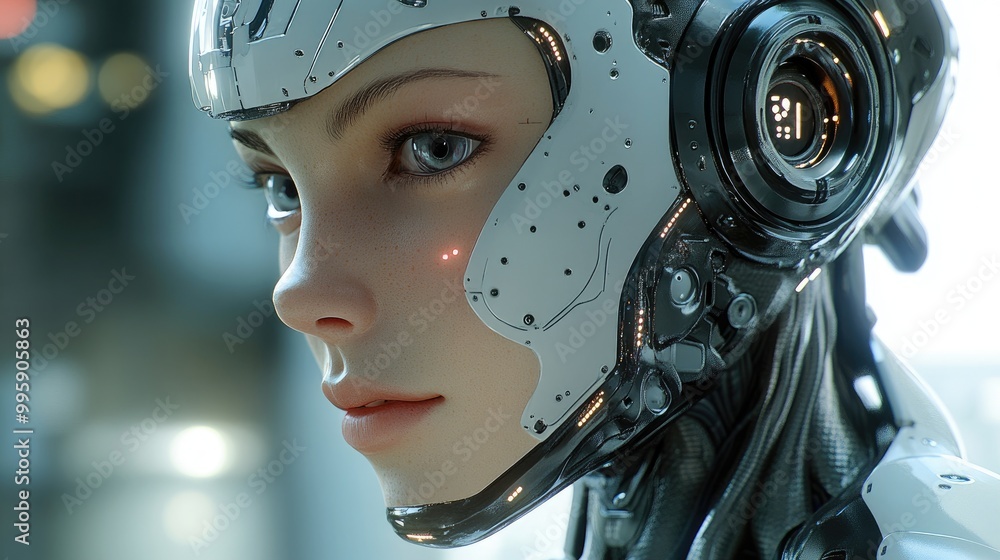 A close-up of a robot with a feminine face, delicate features, and futuristic LED accents in a tech setting. A close-up of a robot with a feminine face, delicate features, and futuristic LED accents in a tech setting.