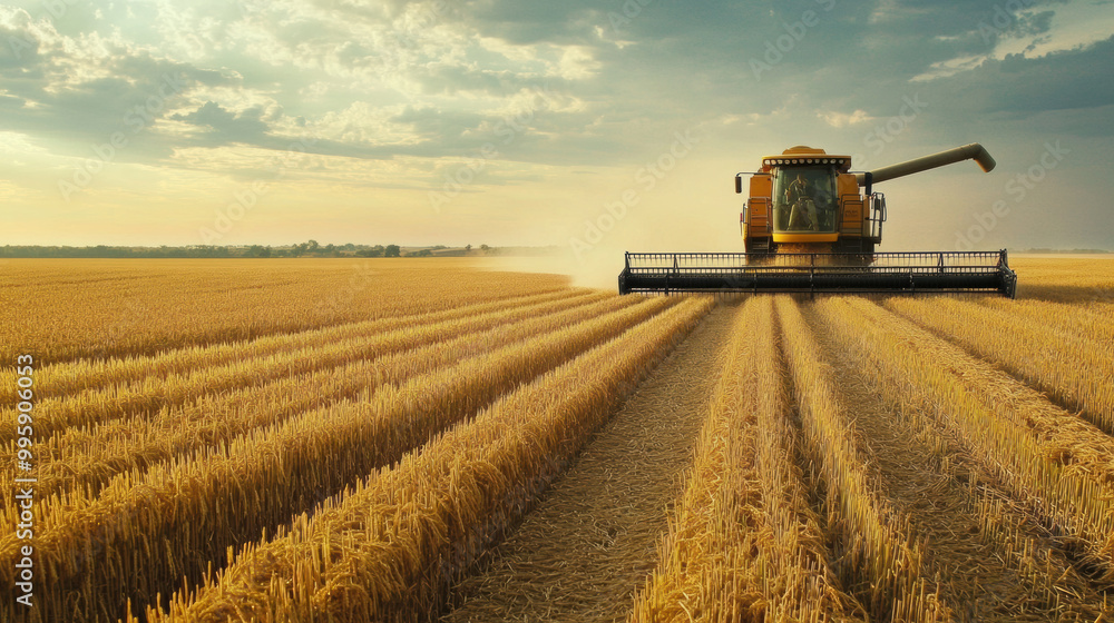 Fototapeta premium Harvesting wheat in golden field, combine harvester works efficiently under dramatic sky. scene captures essence of agricultural productivity and beauty of rural landscapes