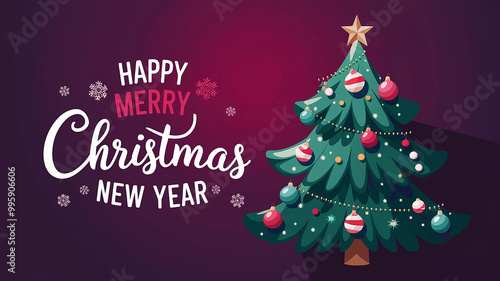 A happy Merry Christmas and New Year card illustration with a green christmas tree decorated with Christmas balls, and the text "Happy Merry Christmas" and "New Year"