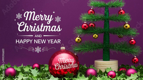 A Merry Christmas and Happy New Year card  is a green Christmas tree with Christmas balls hanging from its branches decorations with a purple background