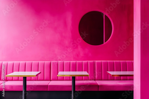 Modern Pink Interior With Velvet Seating And Minimalist Tables, Creating A Bold And Vibrant Atmosphere. Generative AI photo