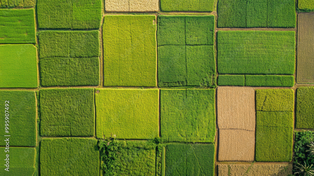 Aerial view of vibrant green rice fields showcasing various shades and patterns of cultivation. landscape reflects agricultural diversity and beauty of nature Aerial view of vibrant green rice fields showcasing various shades and patterns of cultivation. landscape reflects agricultural diversity and beauty of nature