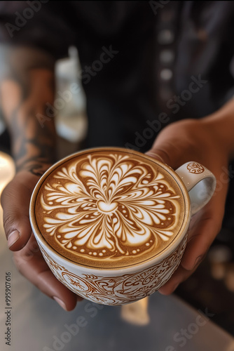 A beautifully crafted latte with intricate floral latte art held in hands, showcasing barista skills. Warm, inviting coffee scene perfect for cafes, coffee lovers, and cozy moments