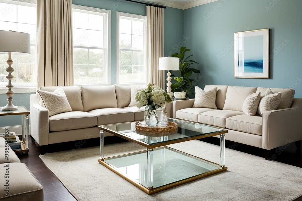 Fototapeta premium Modern Chic Rectangular Glass Coffee Table in Cozy Living Room with Beige Sectional and Soft Blue Walls