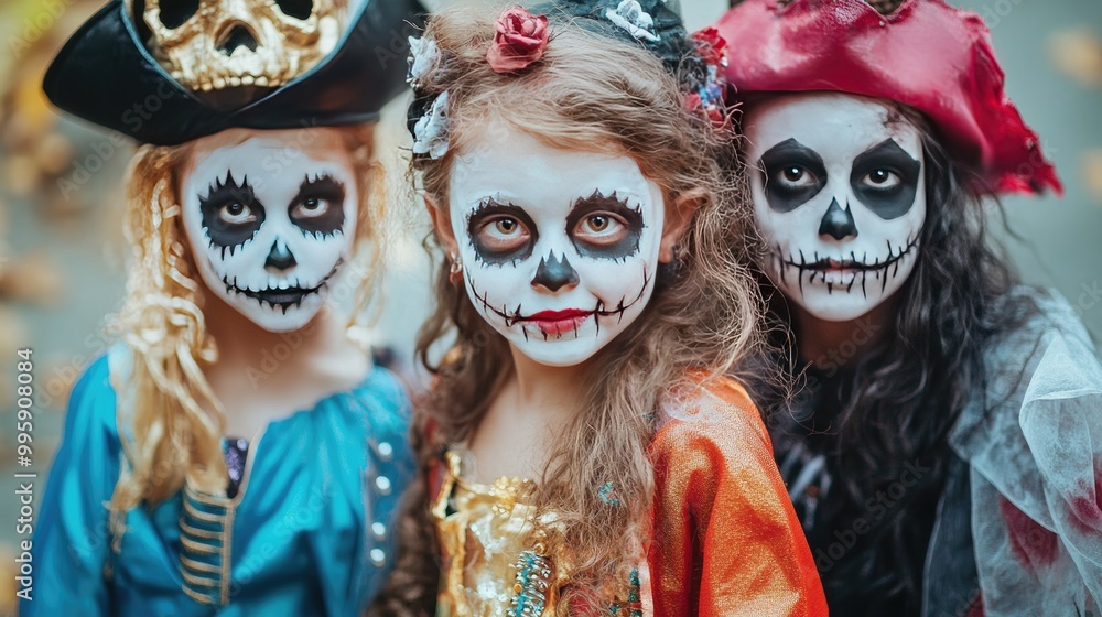 Obraz premium Friends in colorful costumes like princesses and pirates, with their fun, happy outfits hiding eerie, ghostly makeup and haunted expressions.