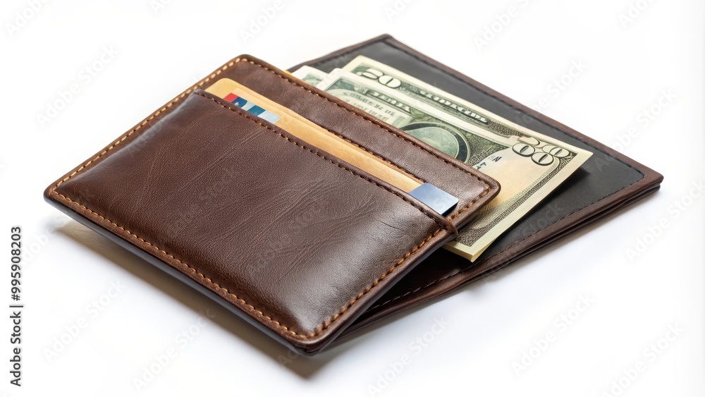Brown leather wallet containing credit cards and dollar bills, lying on a white background Brown leather wallet containing credit cards and dollar bills, lying on a white background