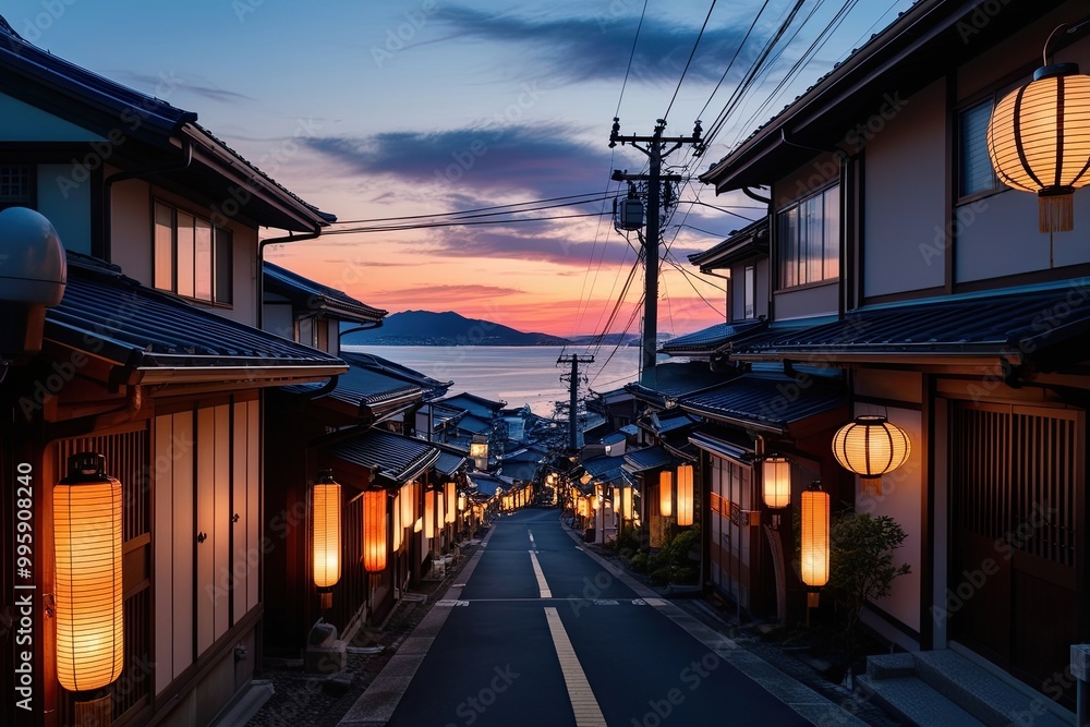 Enchanting Nagasaki Neighborhood at Sunset Featuring Cozy Homes and Lanterns Enchanting Nagasaki Neighborhood at Sunset Featuring Cozy Homes and Lanterns
