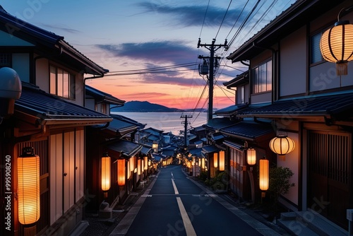 Enchanting Nagasaki Neighborhood at Sunset Featuring Cozy Homes and Lanterns