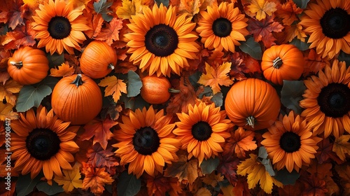 a cheerful autumn-themed background featuring a variety of pumpkins alongside bright sunflowers and fall leaves. autumn harvest decor, pumpkin and sunflower compositions, seasonal fall floral  photo