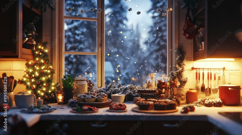 A cozy corner of a kitchen with holiday treats, a window displaying a snowy scene outside. A cozy corner of a kitchen with holiday treats, a window displaying a snowy scene outside.