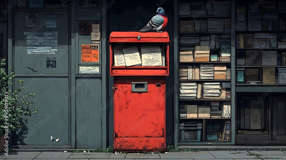 a classic red mailbox with letters and parcels, a pigeons sitting a top of the mailbox. traditional role of birds in communication. retro mailbox and letters, world post day a classic red mailbox with letters and parcels, a pigeons sitting a top of the mailbox. traditional role of birds in communication. retro mailbox and letters, world post day
