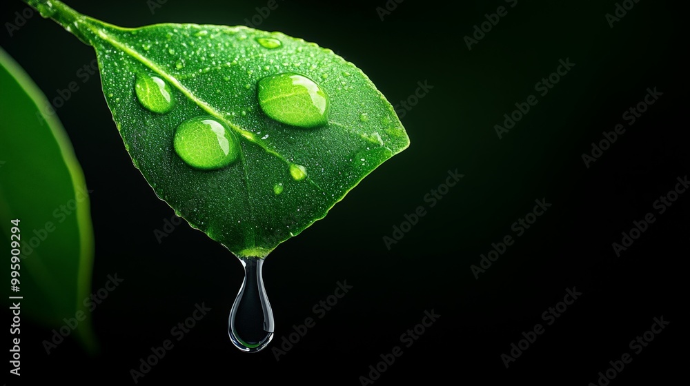 Fototapeta premium Dewdrop on a Green Leaf: A single, glistening dewdrops hangs precariously from the edge of a vibrant green leaf, creating a captivating image of nature's delicate beauty. 