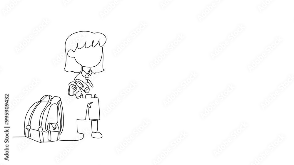 Animated self drawing of single continuous line drawing a little girl in scout uniform with flag and binoculars in hand. Group leader. National Girl Scout Day. Full length single line animation Animated self drawing of single continuous line drawing a little girl in scout uniform with flag and binoculars in hand. Group leader. National Girl Scout Day. Full length single line animation