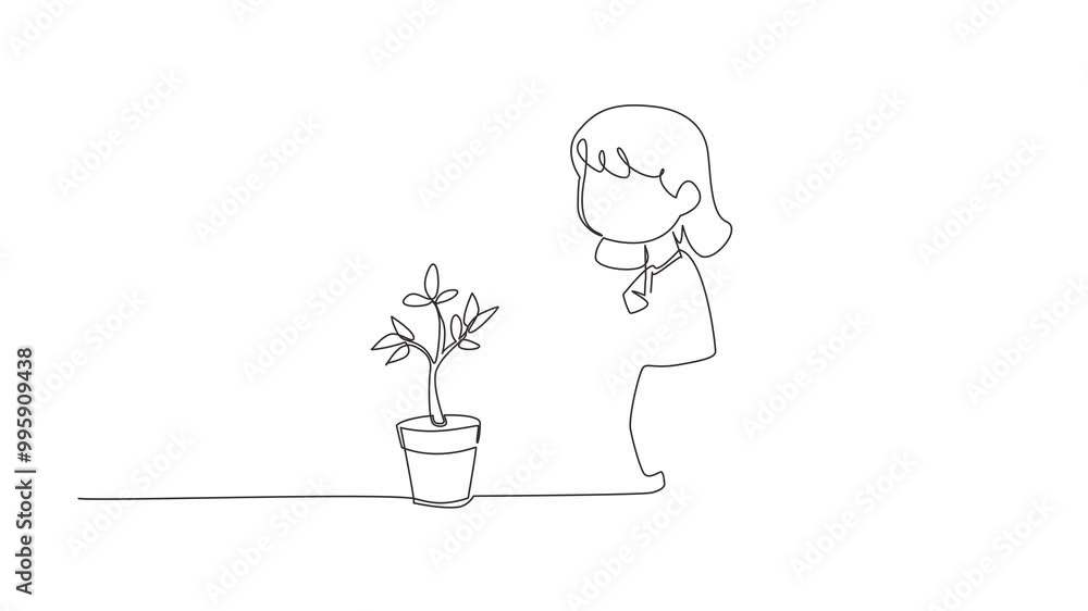 Animation of single line drawing a little girl watering a plants. Cultivate a sense of caring about earth. National Plant a Flower Day. Continuous line self drawing animated. Full length motion Animation of single line drawing a little girl watering a plants. Cultivate a sense of caring about earth. National Plant a Flower Day. Continuous line self drawing animated. Full length motion