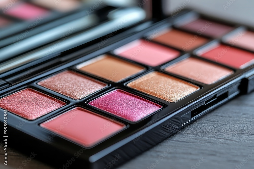 Professional makeup palette featuring rich coral pink and beige tones in sleek rectangular pans ideal for vibrant and creative beauty looks in fashion forward photography Professional makeup palette featuring rich coral pink and beige tones in sleek rectangular pans ideal for vibrant and creative beauty looks in fashion forward photography