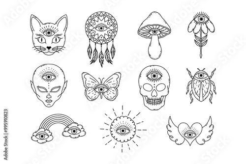 Сollection of hand drawn elements in doodle style  with  mystical all seeing eye. Designs for tattoos.