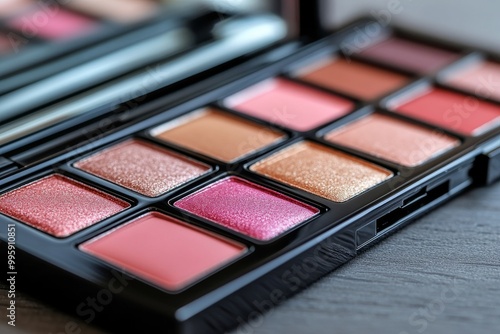 Professional makeup palette featuring rich coral pink and beige tones in sleek rectangular pans ideal for vibrant and creative beauty looks in fashion forward photography