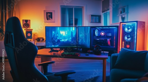 Cozy gaming corner with dual screens, glowing LED strips, a vibrant gaming chair, and high-end speakers in a warm, organized environment.