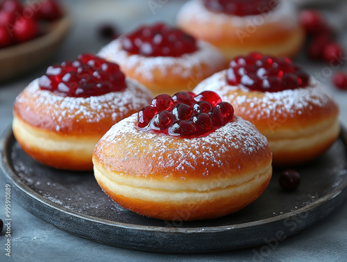 Mouth-watering Hanukkah sufganiyot images showcasing traditional jelly-filled donuts enjoyed during the holiday