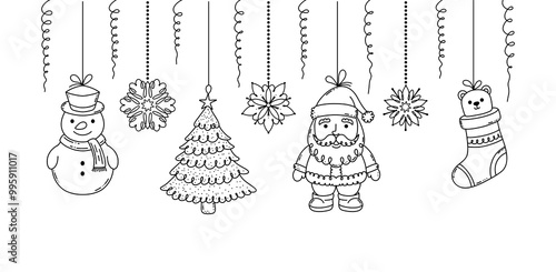 Christmas garland with doodle style toys on white background.