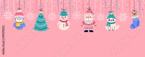 Christmas garland with doodle style toys on pink background. photo