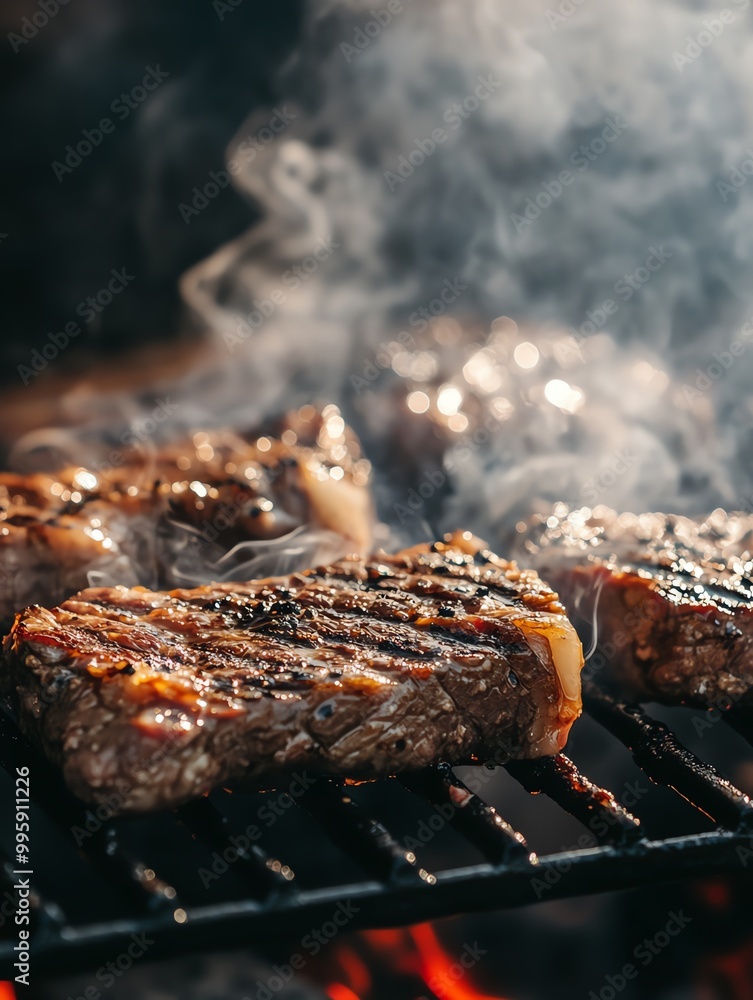 Sizzling steak cooked on a grill, surrounded by aromatic smoke, perfect for food lovers and culinary enthusiasts. Sizzling steak cooked on a grill, surrounded by aromatic smoke, perfect for food lovers and culinary enthusiasts.
