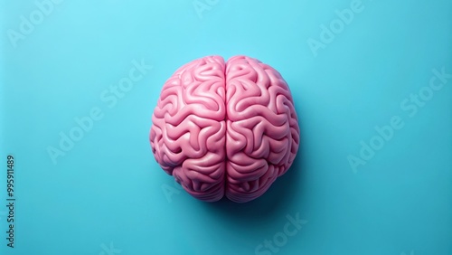 Pink brain model is laying on a blue background representing intelligence