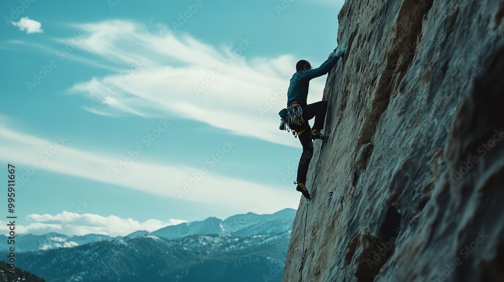 Fototapeta premium A rock climber scales a steep cliff face, with a valley and mountain range in the background.