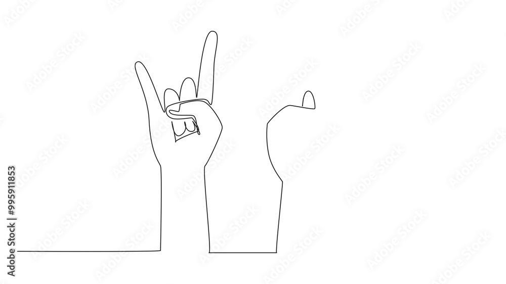 Self drawing animation of single one line drawing two hands with the index finger and little finger up to form horns. Gesture. Symbol. Sign. International Day of Awesomeness. Full length animated Self drawing animation of single one line drawing two hands with the index finger and little finger up to form horns. Gesture. Symbol. Sign. International Day of Awesomeness. Full length animated