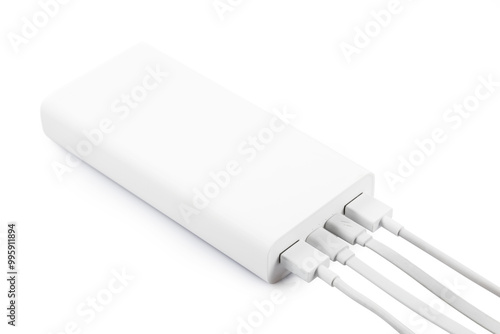 Powerbank for charging mobile devices with cable on white table