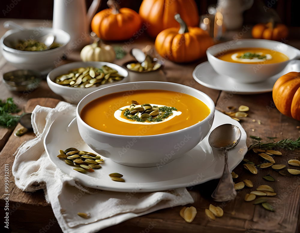 Pumpkin Cream Soup. Delicious Lunch, Cooking, Atmospheric Dinner. Healthy Food Pumpkin Cream Soup. Delicious Lunch, Cooking, Atmospheric Dinner. Healthy Food