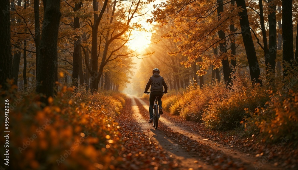 A person rides a bike along a beautiful wooded path at sunset A person rides a bike along a beautiful wooded path at sunset