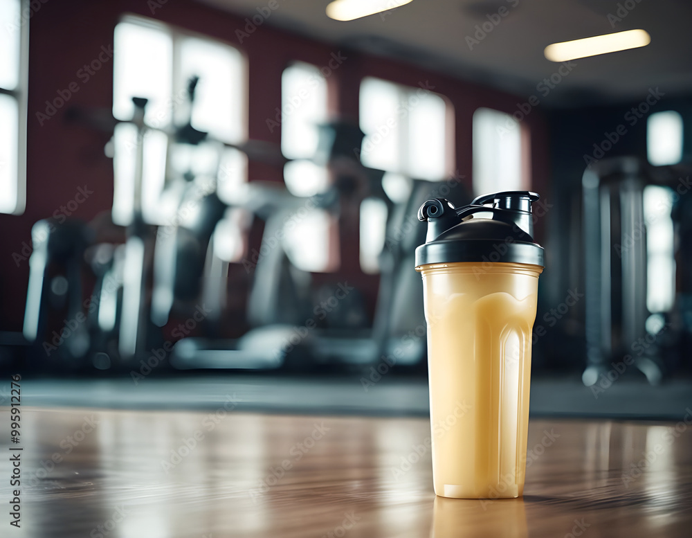 Protein shake against the background of a gym. Sports, healthy lifestyle. Dairy healthy drinks Protein shake against the background of a gym. Sports, healthy lifestyle. Dairy healthy drinks