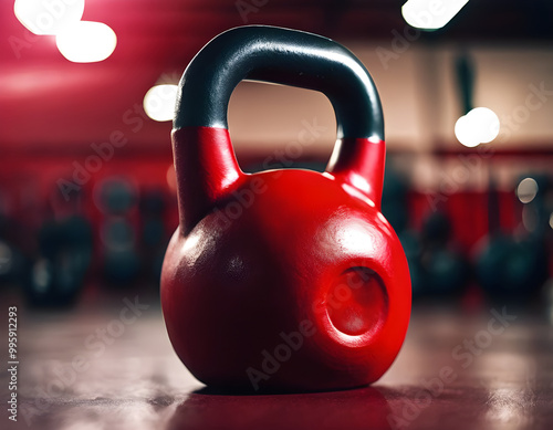 Red kettlebell against the background of a gym. Strength, training, bodybuilding, sports, health photo