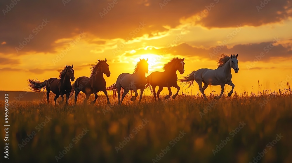 Majestic horses running across a golden field at sunset, creating a stunning silhouette against the vibrant sky. Majestic horses running across a golden field at sunset, creating a stunning silhouette against the vibrant sky.