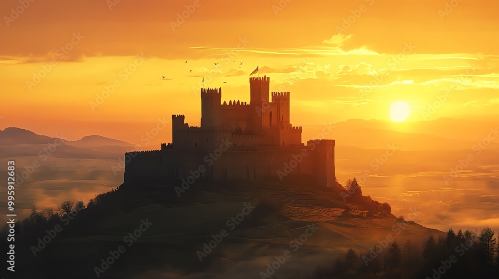 Obraz premium Majestic castle silhouette against a vibrant sunset backdrop, evoking a sense of mystery and enchantment in the twilight.