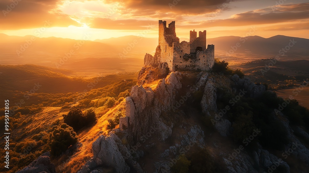 Majestic ancient castle perched on a rocky hill, bathed in golden sunset light, offering breathtaking views of the surrounding landscape. Majestic ancient castle perched on a rocky hill, bathed in golden sunset light, offering breathtaking views of the surrounding landscape.
