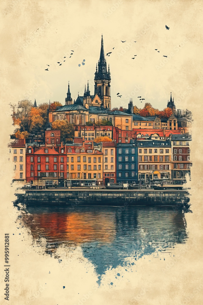 Obraz premium Wakefield, color pen pencil hand-drawn effect drawing illustration for travel poster, card, wallpaper, backdrop or banner. Modern, clear, artistic and simple
