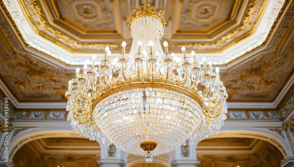 Fototapeta premium A luxurious gold chandelier hanging from an ornate ceiling, gold chandelier, opulent lighting