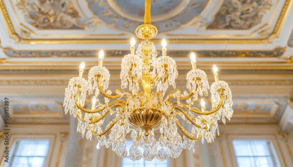 Fototapeta premium A luxurious gold chandelier hanging from an ornate ceiling, gold chandelier, opulent lighting