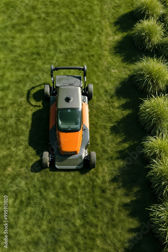 Lawnmower mowing grass lawn in garden, process of mowing grass, top view. Working lawn mower gardening cutting machine tools, landscape design. Gardening and landscaping concept. Copy ad text space