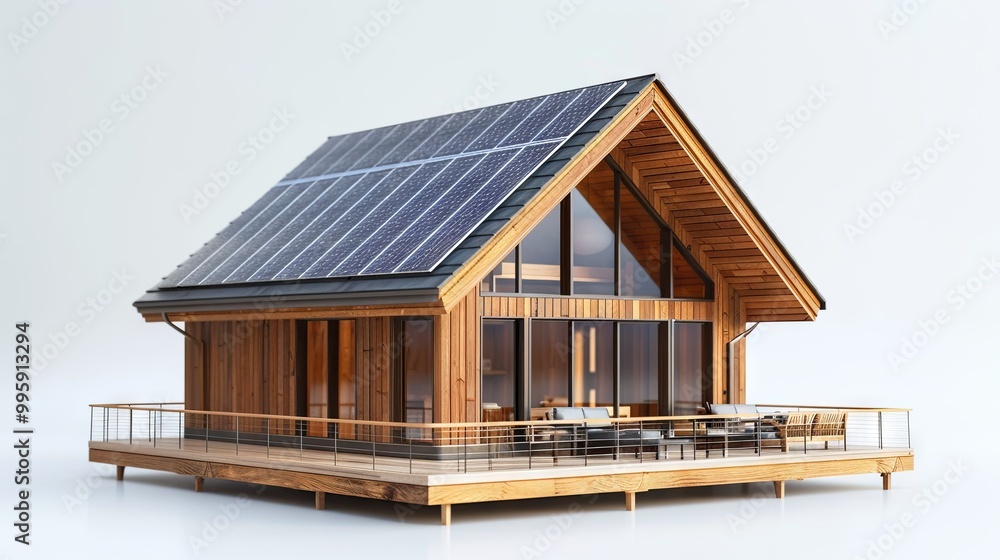 A model of a contemporary wooden house with solar panels installed on the roof A model of a contemporary wooden house with solar panels installed on the roof
